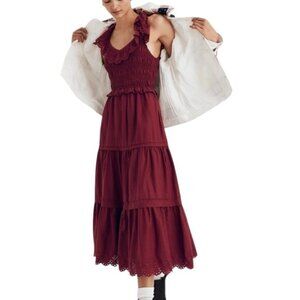 Madewell Lucie Tiered Cotton Midi Dress, Pockets, Mulberry, 6